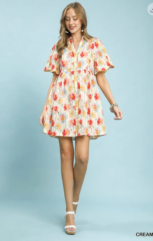 Floral Button-Front Babydoll Dress