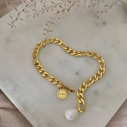 AMADY Gold plated Figaro chain bracelet pearl 18k stainless steel