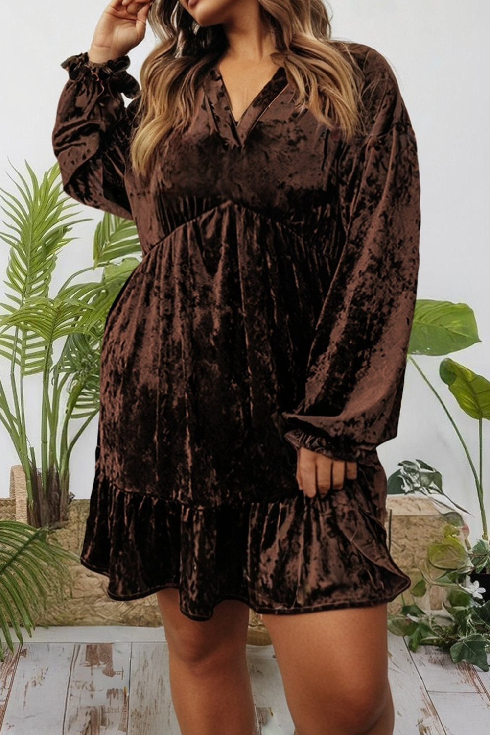 plus size babydoll mini dress Plus Size Velvet Babydoll Mini Dress with Puff Sleeve