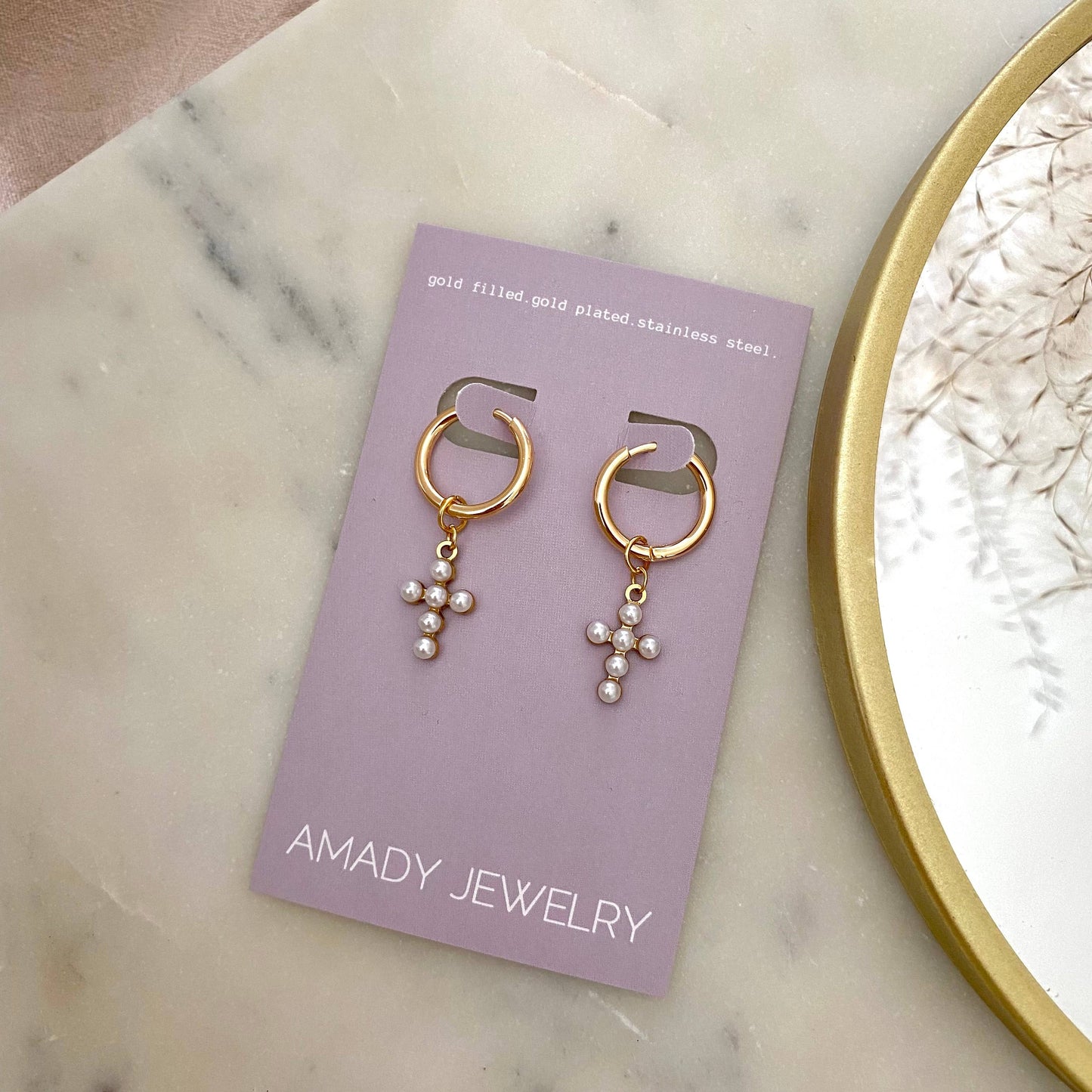 AMADY Cross hoops beaded imitation pearls 14k gold plated dangle