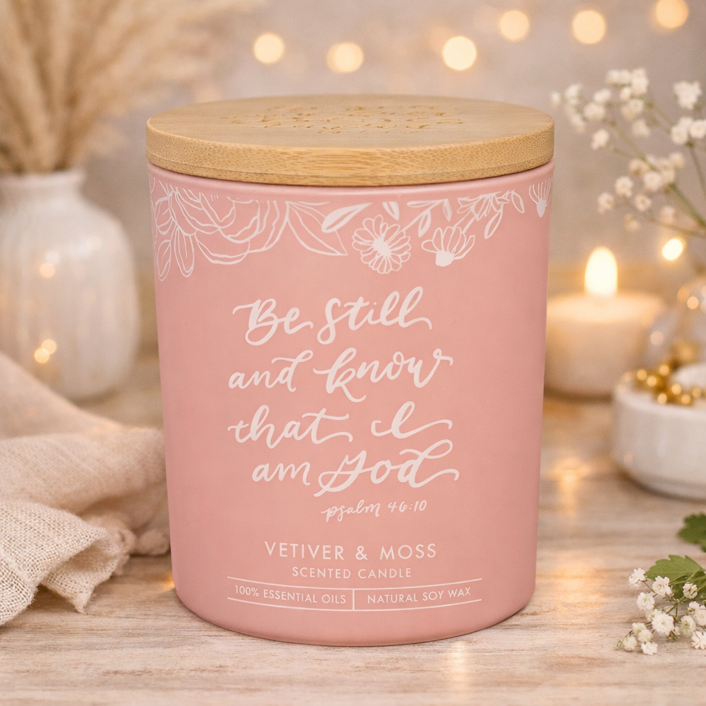 Glass Candle w/Bamboo Lid Pink Be Still Ps. 46:10