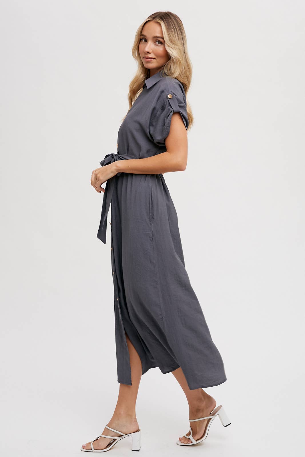 ROLL-TAB SLEEVE BELTED SHIRT DRESS