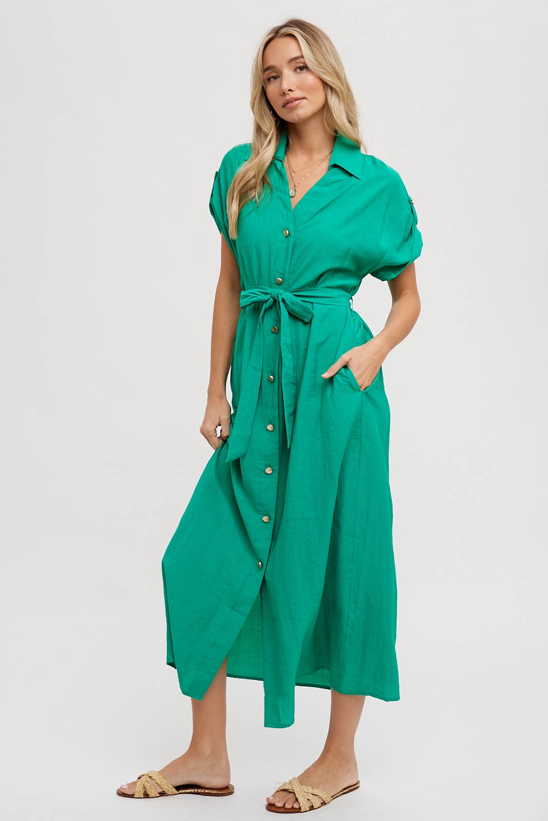 ROLL-TAB SLEEVE BELTED SHIRT DRESS