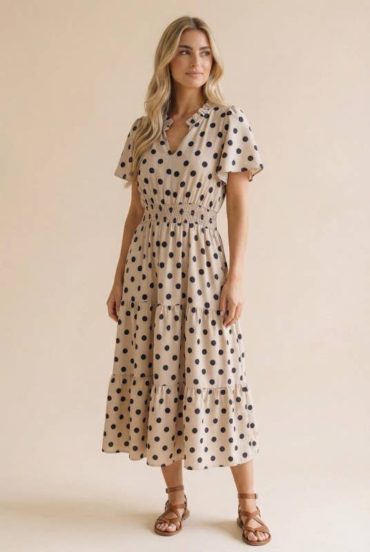 Polkadot Smocked Waist Tiered Maxi Dress