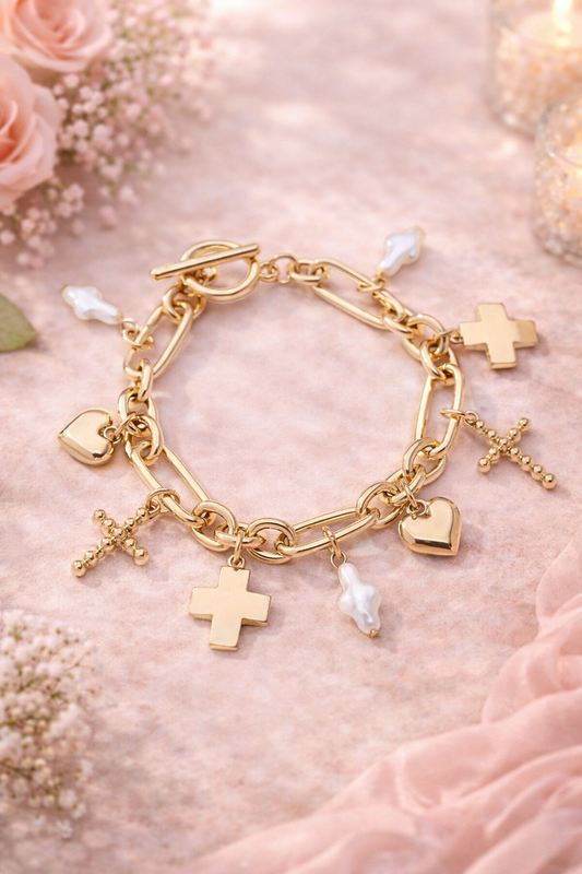 Helena Multi Cross Charm Bracelet in Shiny Gold