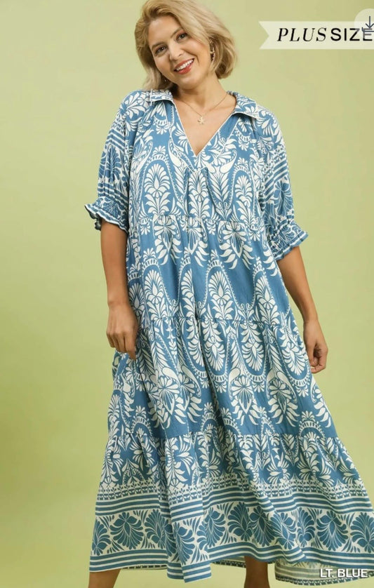 Two tone Border Print Midi Dress: Plus Size