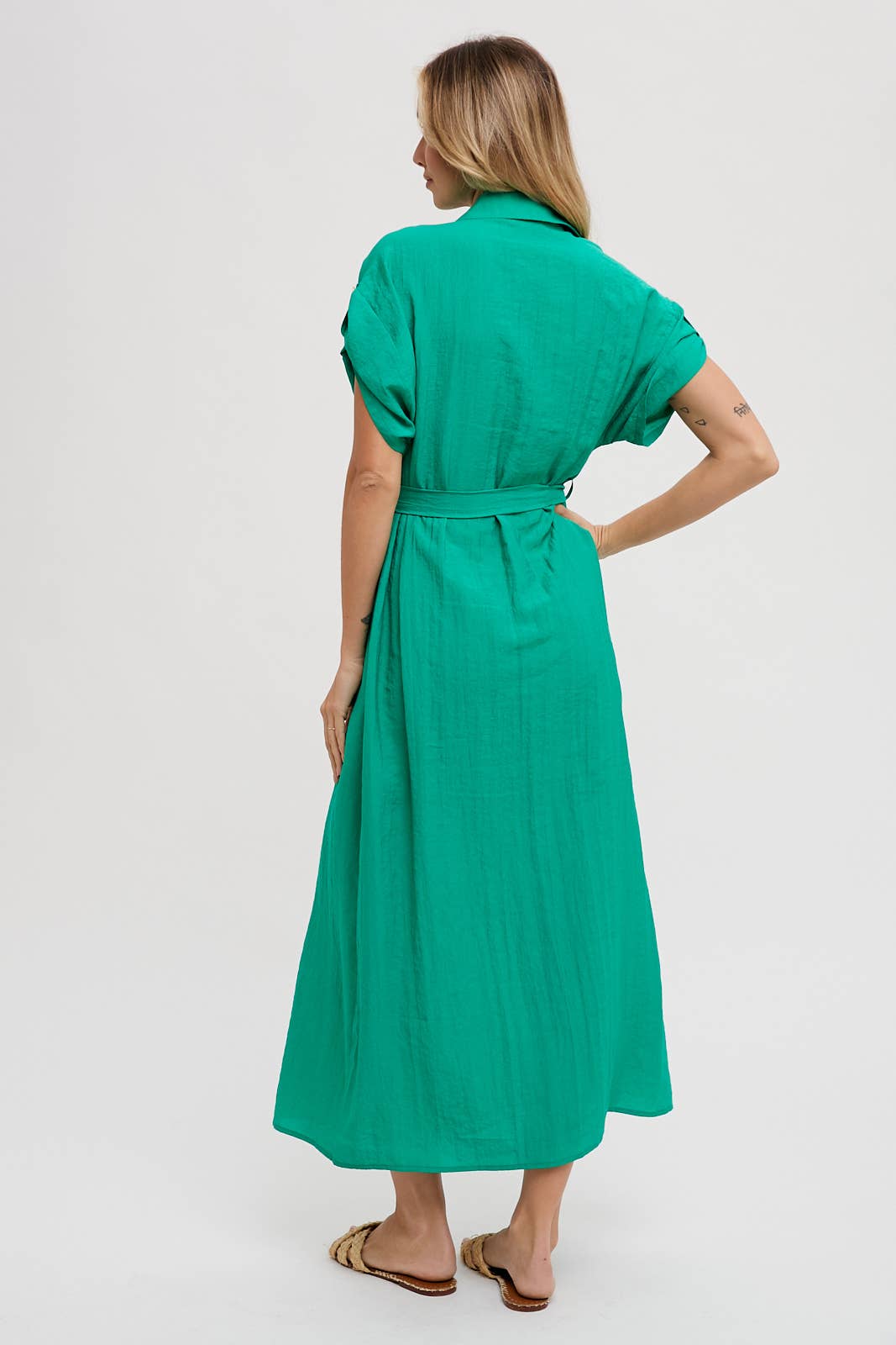 ROLL-TAB SLEEVE BELTED SHIRT DRESS