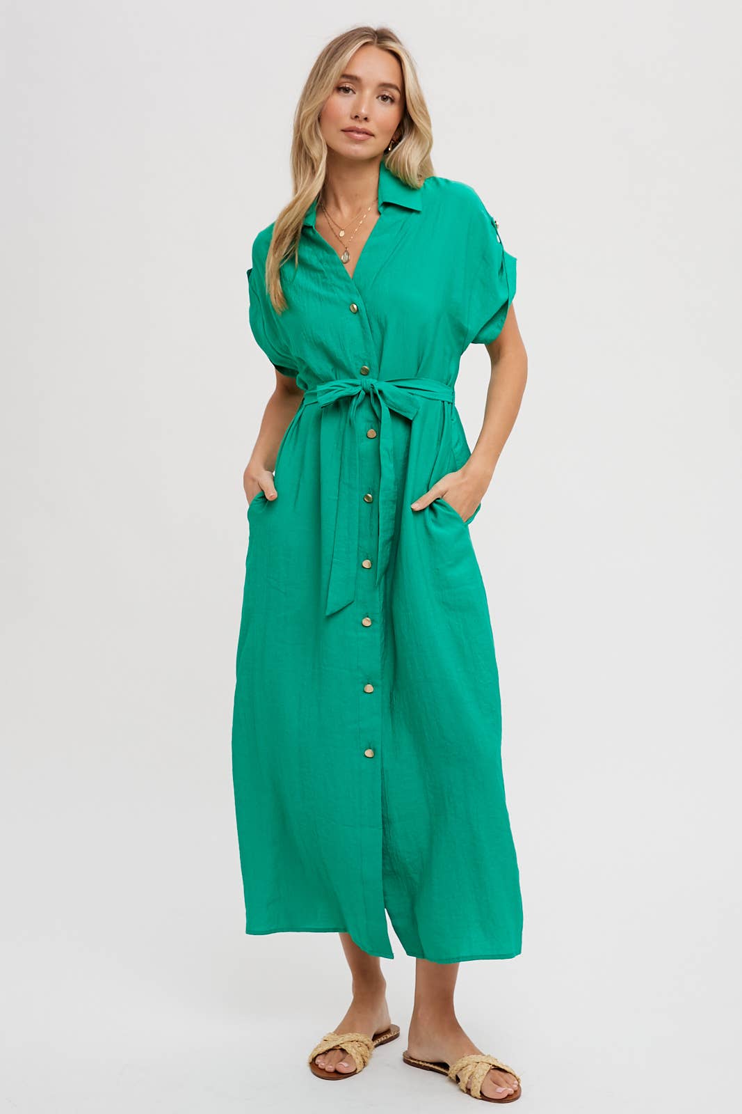 ROLL-TAB SLEEVE BELTED SHIRT DRESS