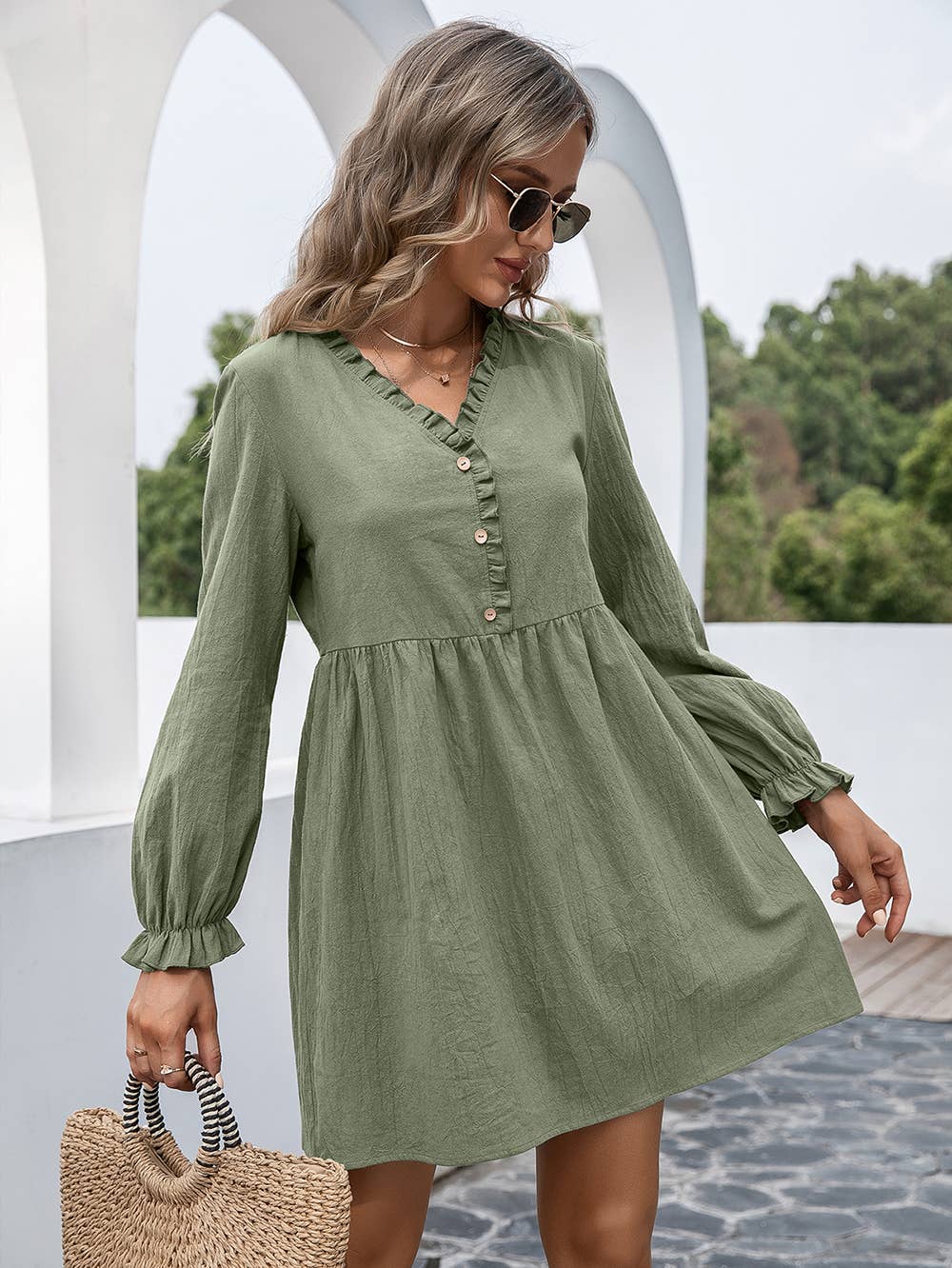 EP-DR8346 Baby Doll Ruffle Trim Dress