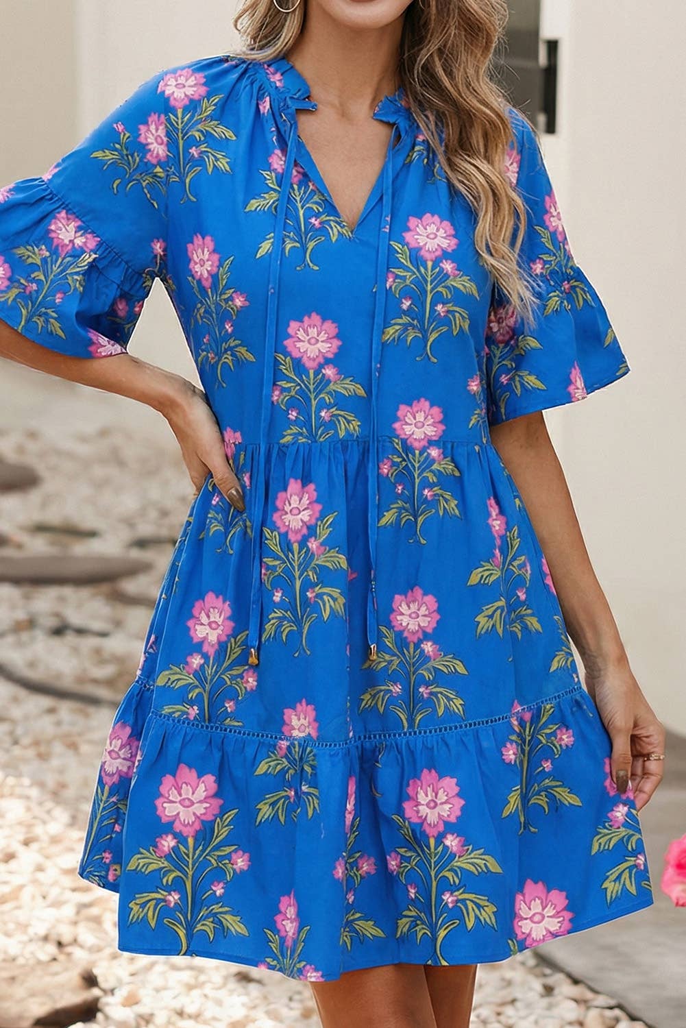 V Neck Short Sleeve Loose Flower Dress
