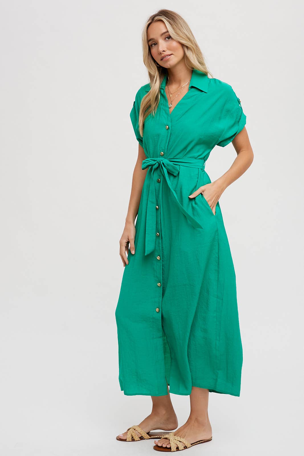 ROLL-TAB SLEEVE BELTED SHIRT DRESS