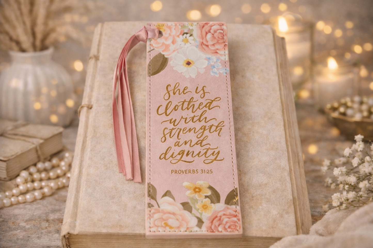 Bookmark Faux Leather Pink Strength & Dignity Prov. 31:25