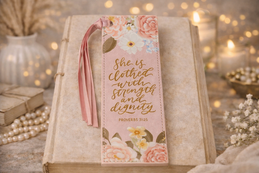 Bookmark Faux Leather Pink Strength & Dignity Prov. 31:25