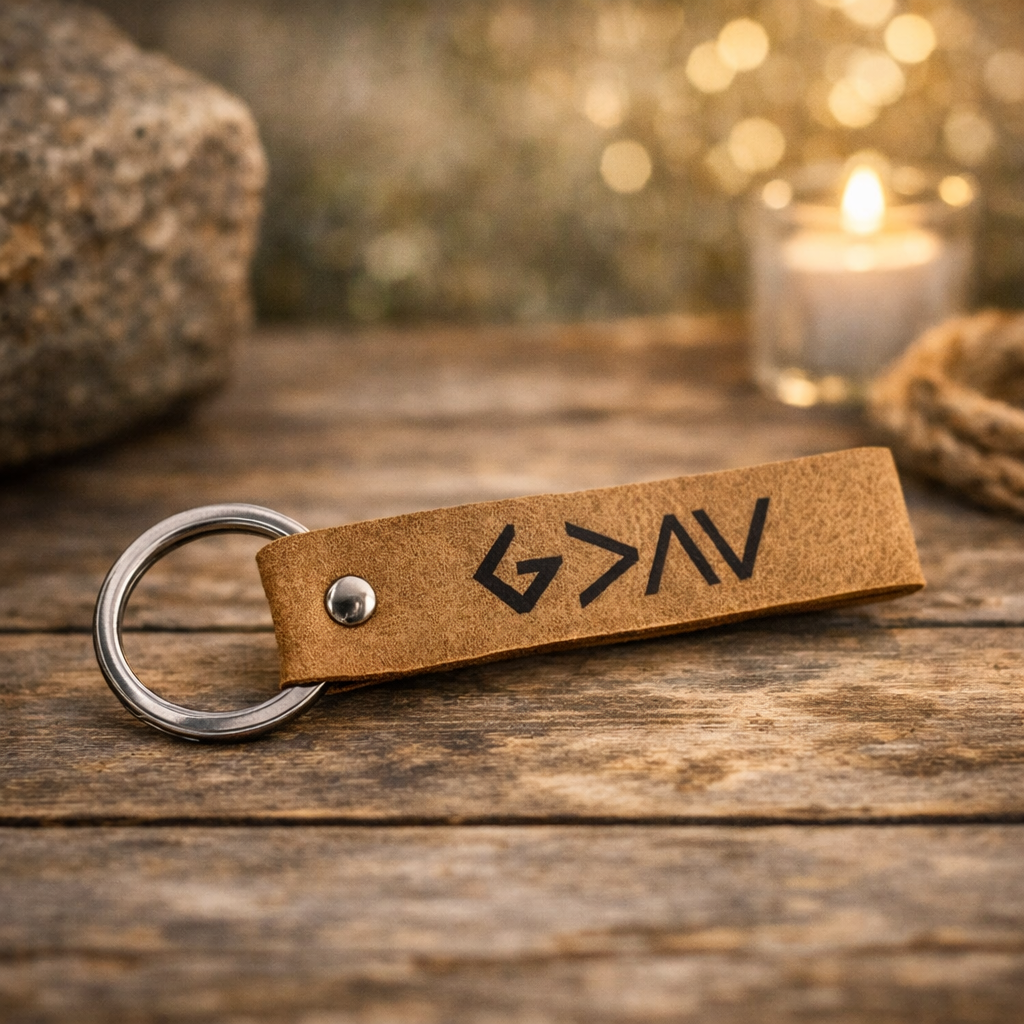 God is Greater Keychain   Brown   3"