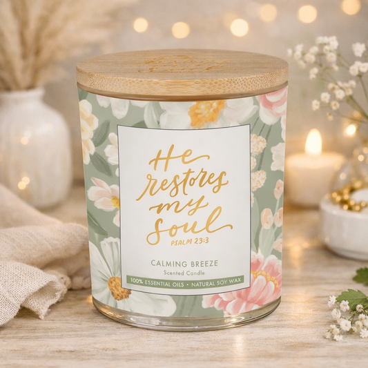 Glass Candle Bamboo Lid He Restores my Soul Ps. 23:3