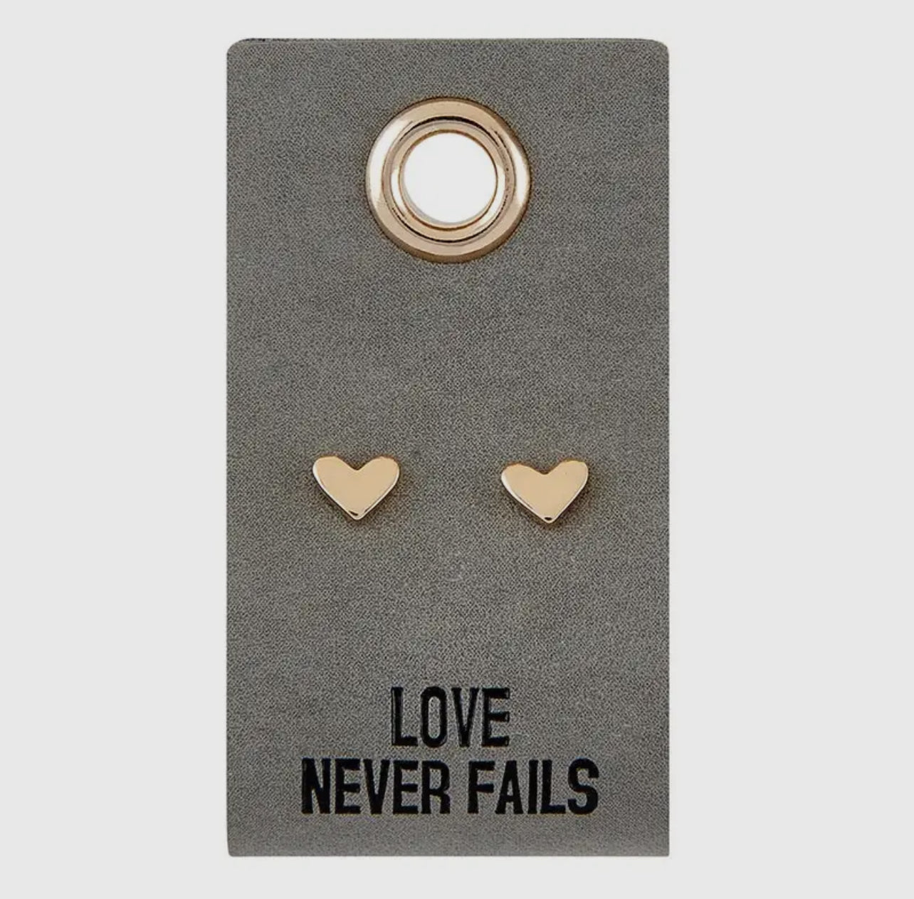 Love Never Fails Earrings -heart (on leather tag)