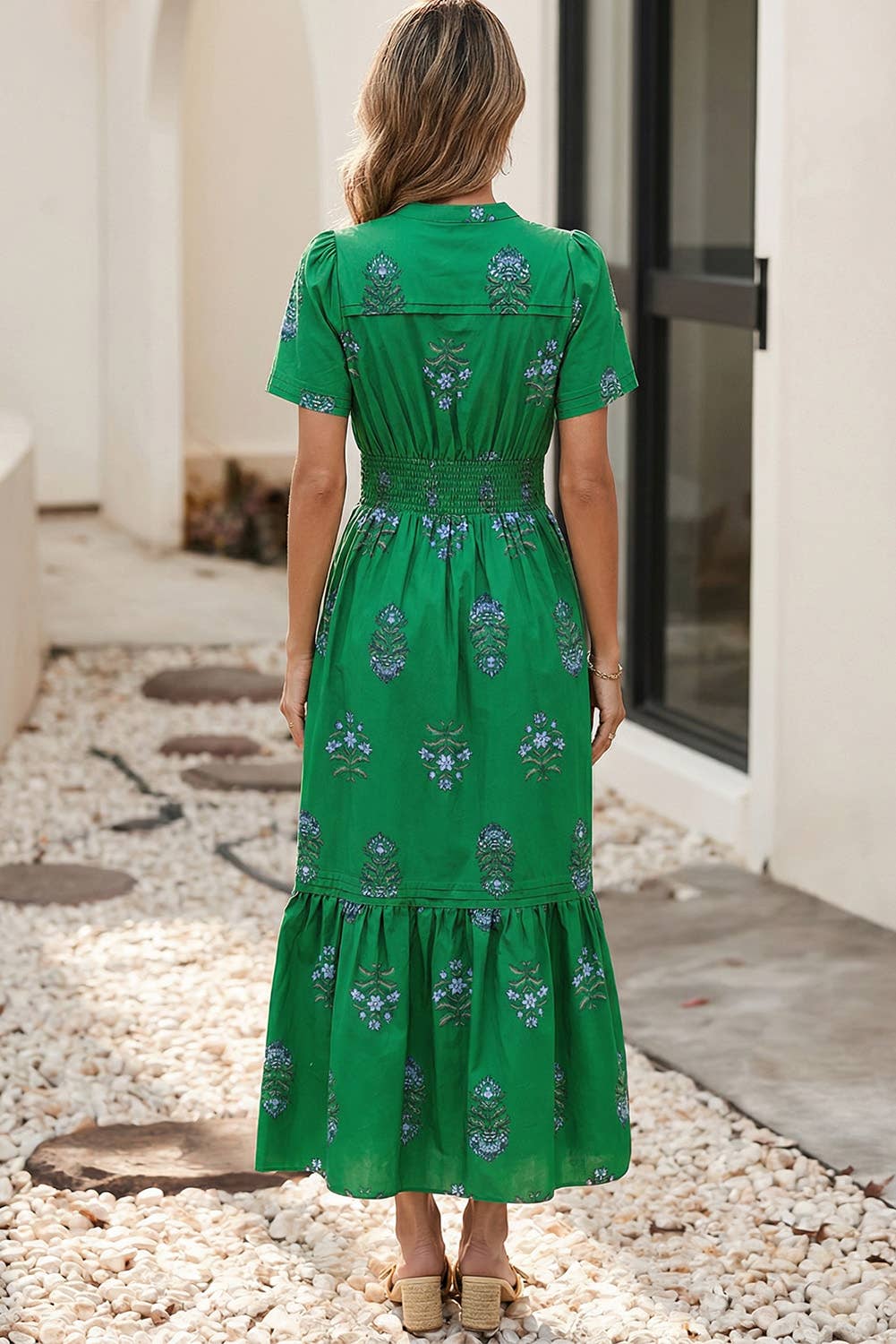 Shirred High Waist Ruffle Hem Maxi Dress