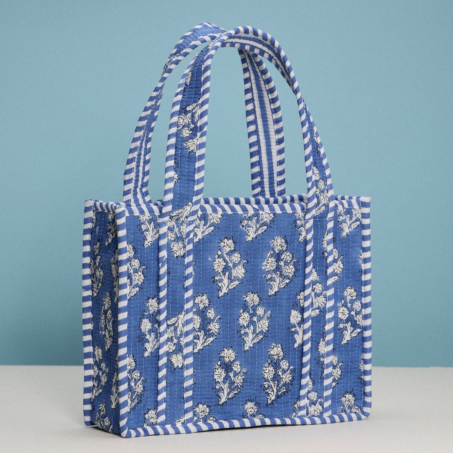 Stone & Stitch Blue Quilted Floral Mini Tote Bag