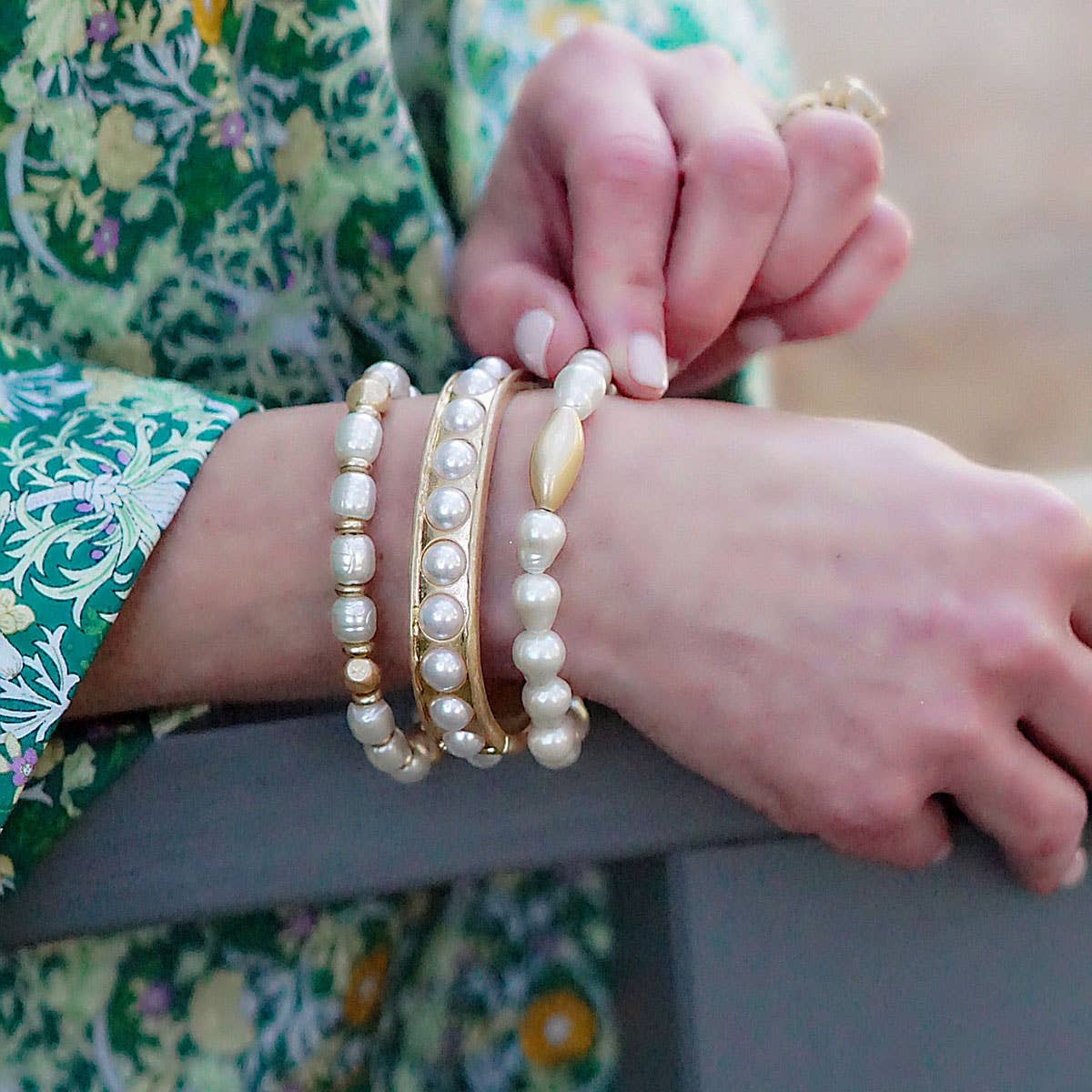 Iris Pearl-Studded Hinge Bangle in Worn Gold & Ivory