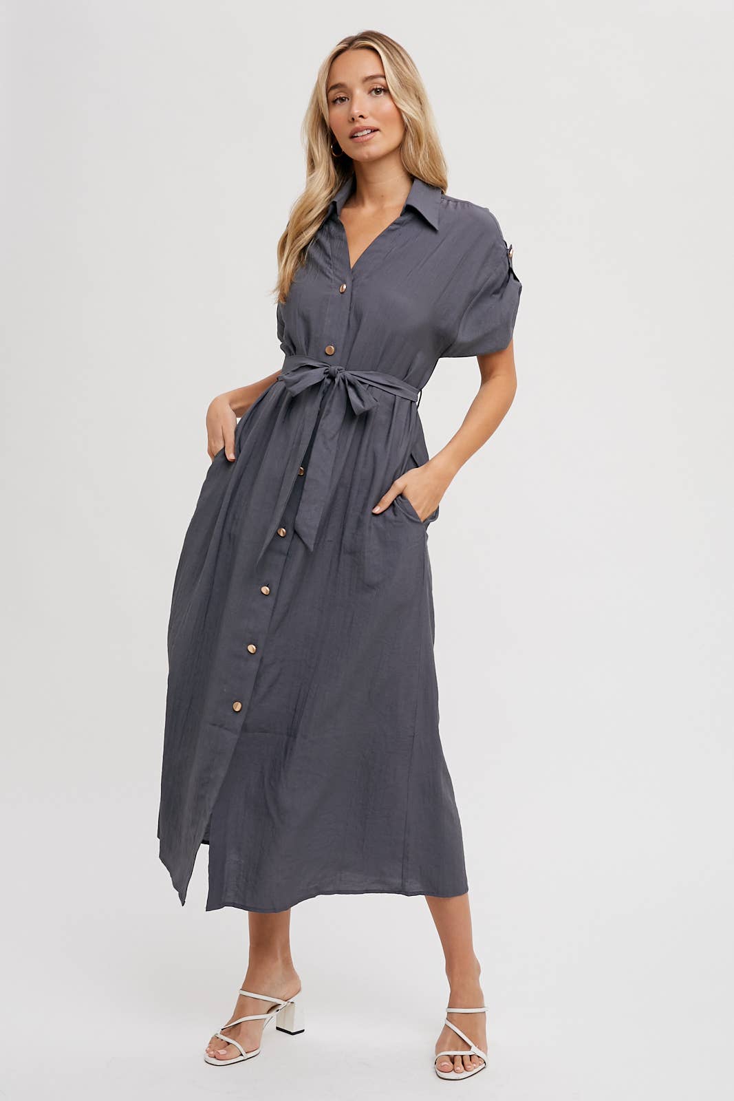 ROLL-TAB SLEEVE BELTED SHIRT DRESS