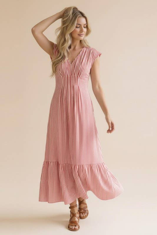 Pleated Back Smocked Waist Stripe Woven Maxi Dress