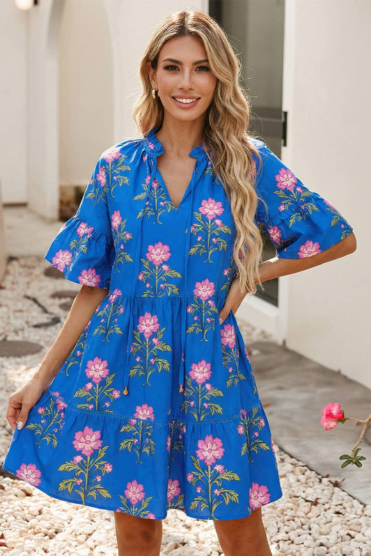V Neck Short Sleeve Loose Flower Dress