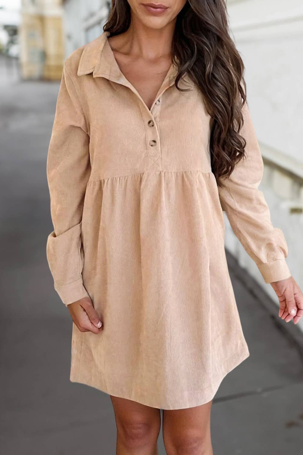 Corduroy Half Button Collared Long Sleeve Mini Dress | S-XL