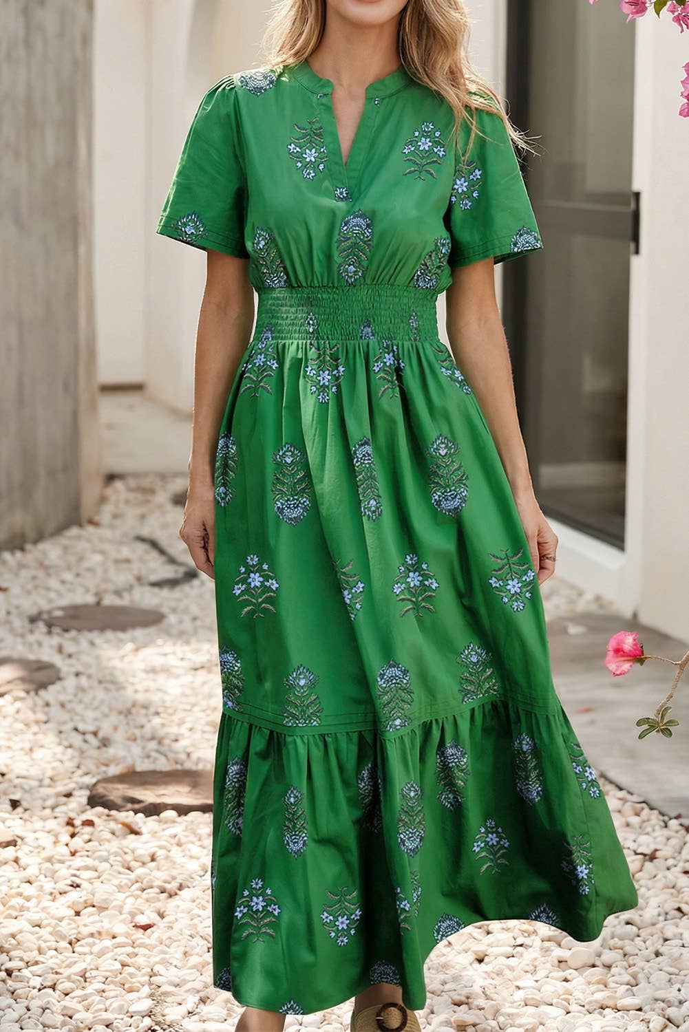 Shirred High Waist Ruffle Hem Maxi Dress