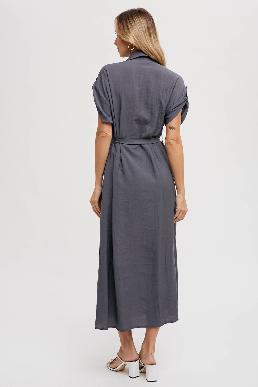 ROLL-TAB SLEEVE BELTED SHIRT DRESS
