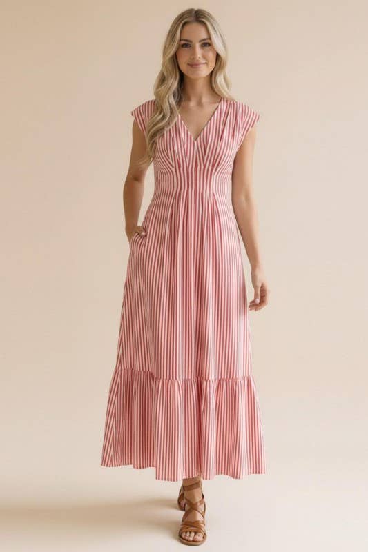 Pleated Back Smocked Waist Stripe Woven Maxi Dress