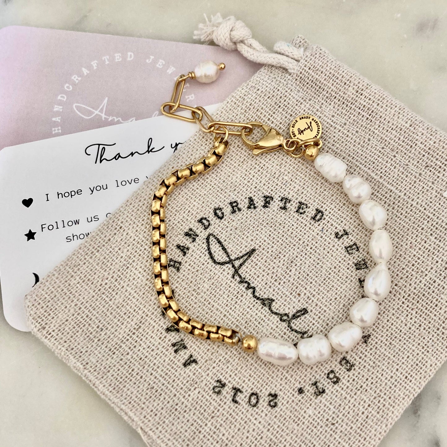 AMADY Pearls Bracelet Gold plated box chain adjustable