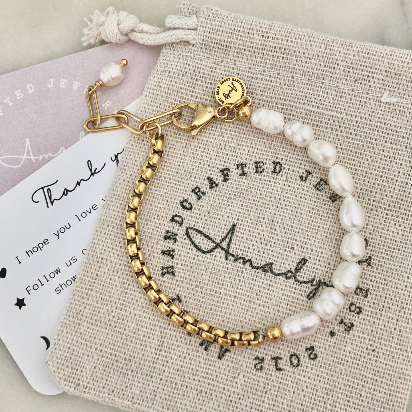 AMADY Pearls Bracelet Gold plated box chain adjustable