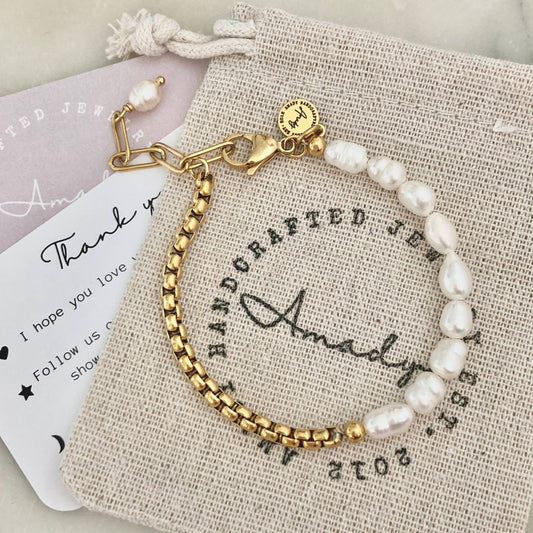 AMADY Pearls Bracelet Gold plated box chain adjustable