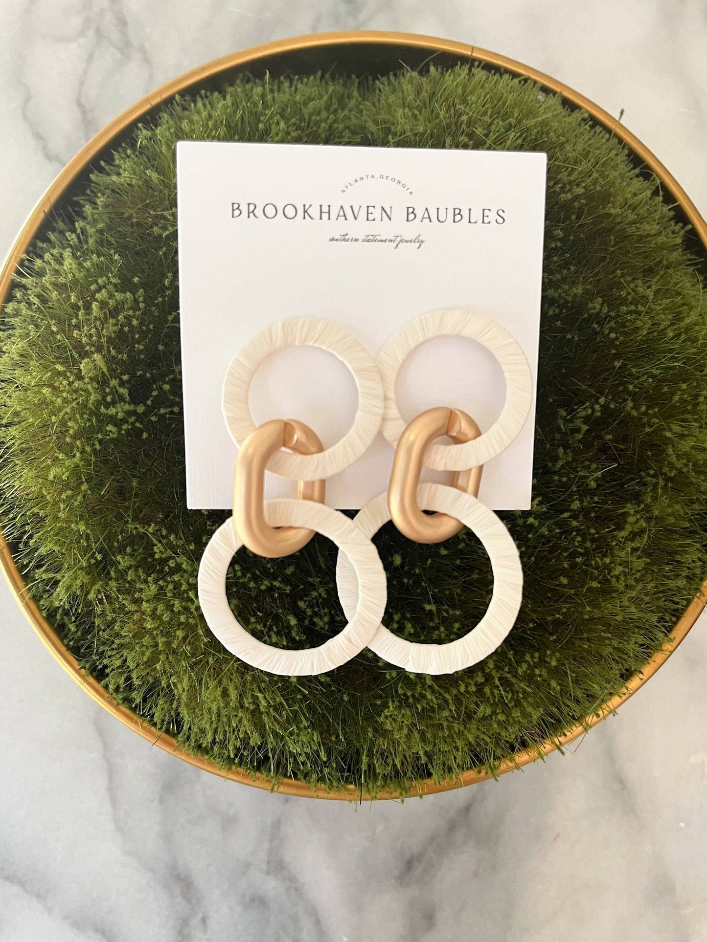 White and Matte Gold Raffia circle Link Statement Earrings