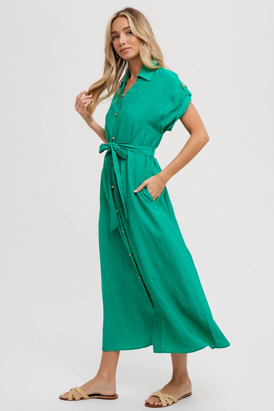 ROLL-TAB SLEEVE BELTED SHIRT DRESS