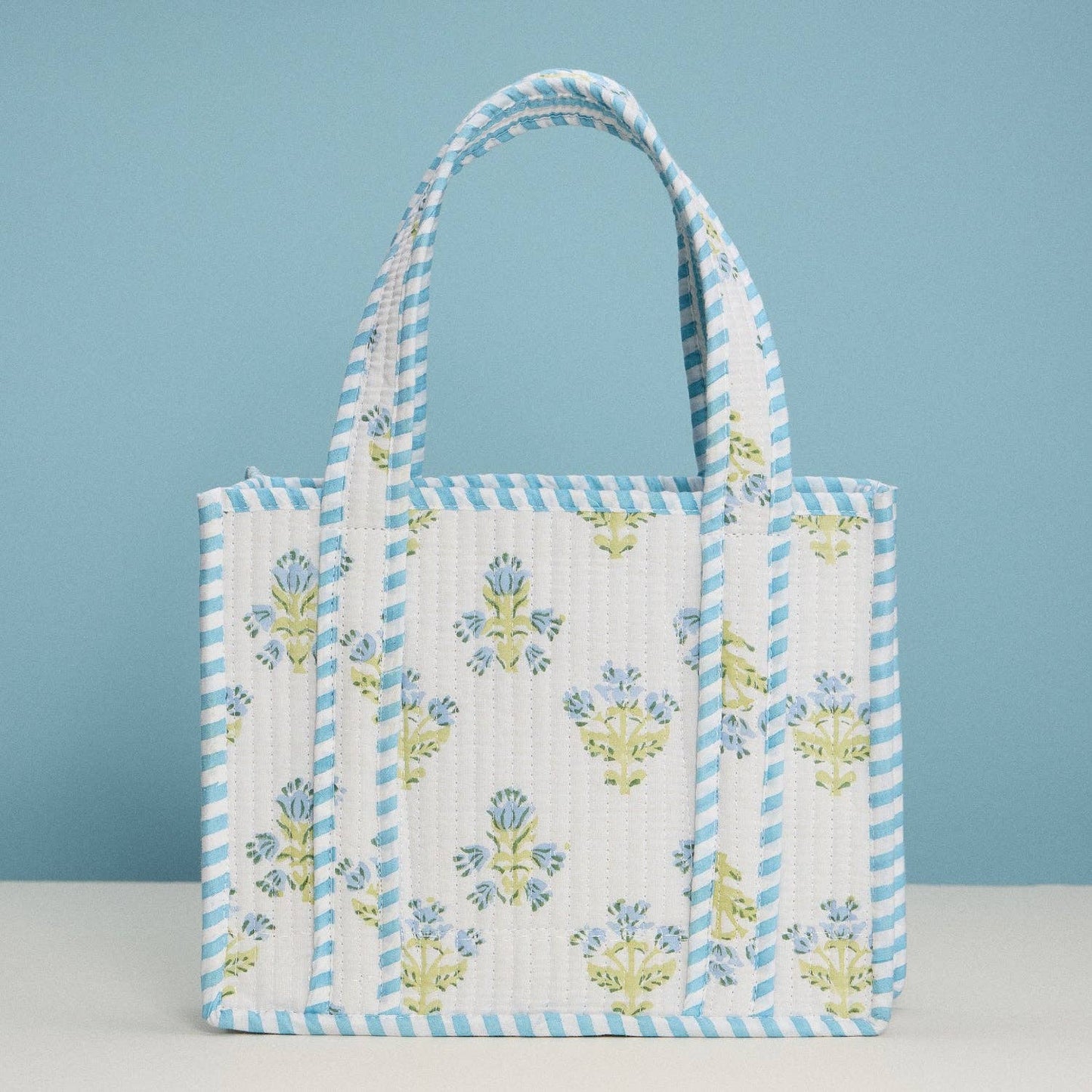 Stone & Stitch Light Blue Quilted Floral Mini Tote Bag