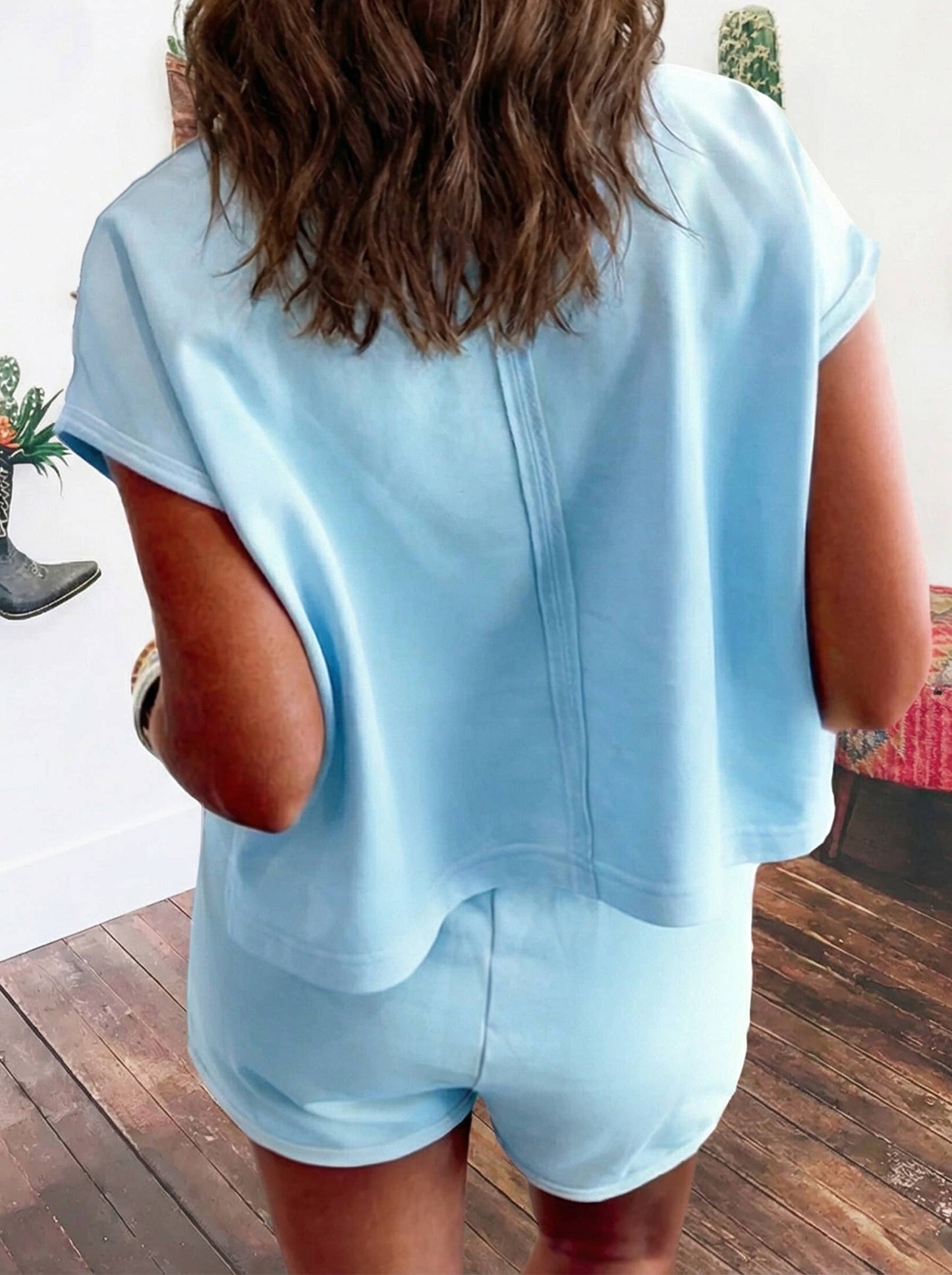 Blue Summer Solid Loose Polo Tee Elastic Waist 2pcs Short Set