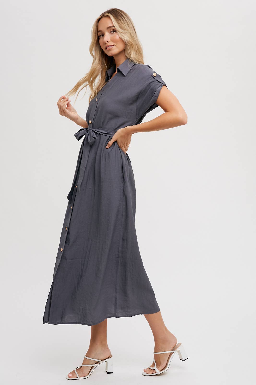 ROLL-TAB SLEEVE BELTED SHIRT DRESS