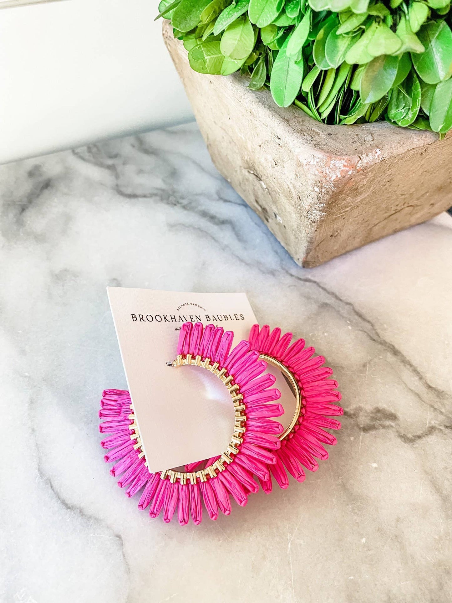 Magenta Hot Pink Raffia Hoop Statement Earrings