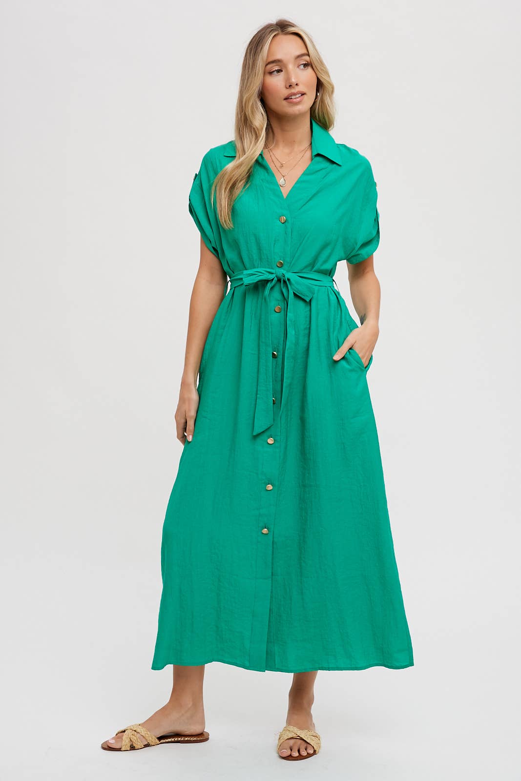 ROLL-TAB SLEEVE BELTED SHIRT DRESS
